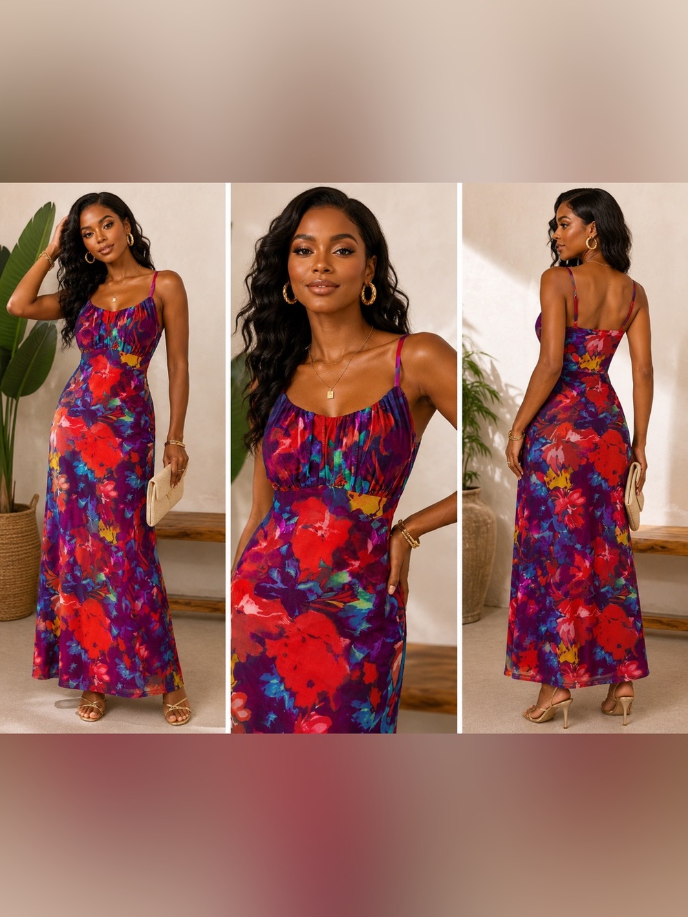PrettyGarden | Floral Bodycon Maxi Dress | Ruched | Large‎